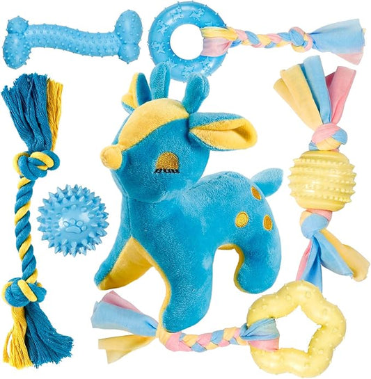 Toozey Puppy Teething Chew Toys - 7 Pack for Small Dogs, Cute Deer Plush Squeaky Toy, Durable TPR Chew Toy, 100% Natural Cotton Rope Toy, Non-Toxic and Safe