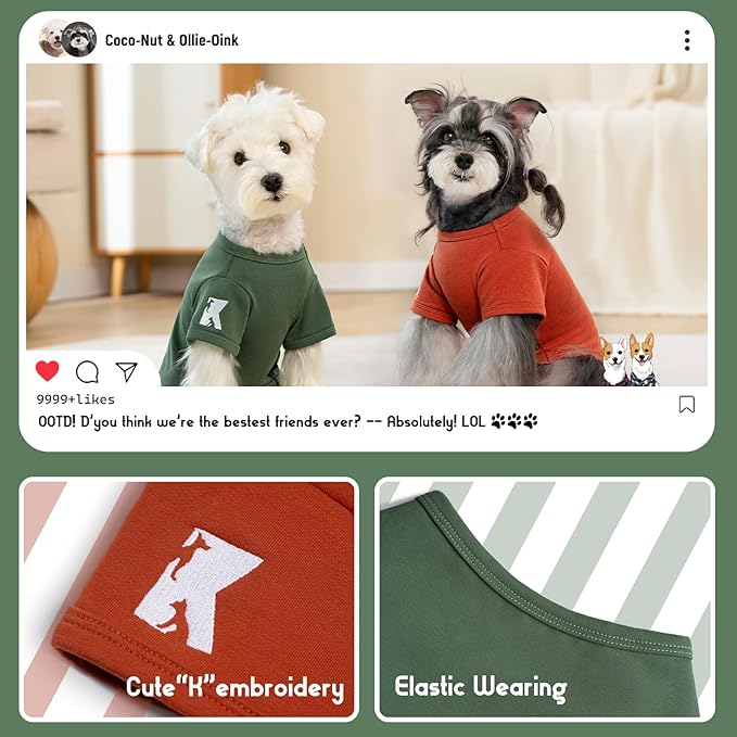Koneseve Dog Shirt Soft Cotton Stretchy Cute Clothes for Small Dogs Cats 2-Pack Rust & Mist Green XL