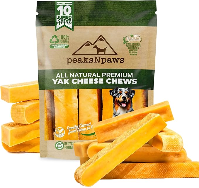 peaksNpaws Himalayan Dog Chew, Yak Cheese Dogs Treats, High Protein, Long Lasting Chews, Natural, Lactose Free Dogs Treat for Aggressive Chewers Over 80 lbs, 10 Jumbo Treats
