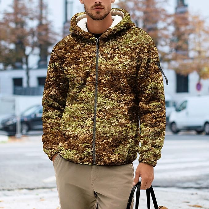 Men's Camouflage Hunting Fleece Lined Hoodie Camo Jackets Zip Up Long Sleeve Casual Winter Coats Hood Outerwear