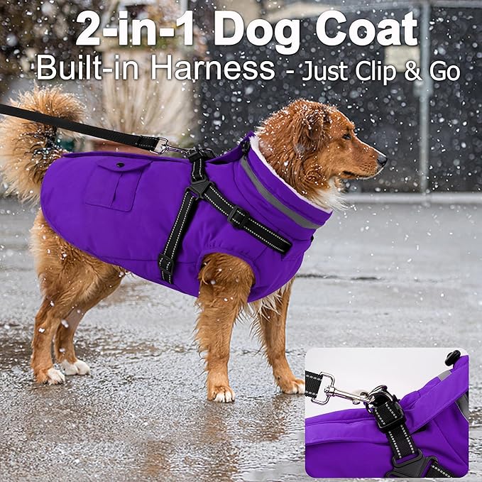 Dogcheer Dog Coat with Harness, Waterproof Warm Dog Winter Jacket with Pockets, Reflective Pet Fleece Jacket Turtleneck Snowsuit for Small Medium Large Dogs - Purple, 2XL