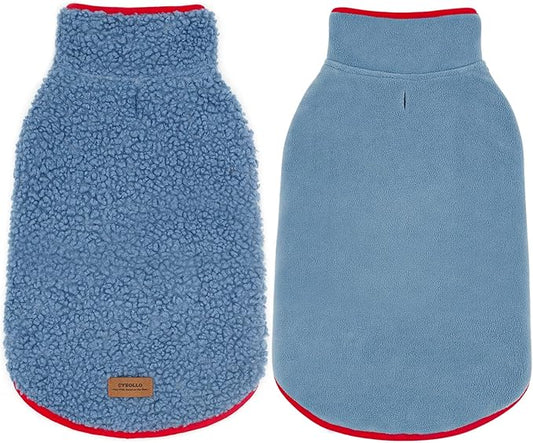 cyeollo Warm Dog Coat Reversible Dog Jacket Winter Fleece Sweater Winter Pet Apparel Jackets Sherpa Vest Sweater Cold Weather Doggie Coats for Small Dogs Cats, Blue L