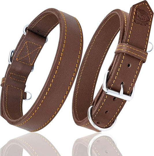 Riparo Dog Collar - Genuine Leather Dog Collars - Heavy Duty Dog Collars for Medium Large and Extra Large Dog Breeds (L: 1.25” Wide for 18” - 22” Neck, Brown)