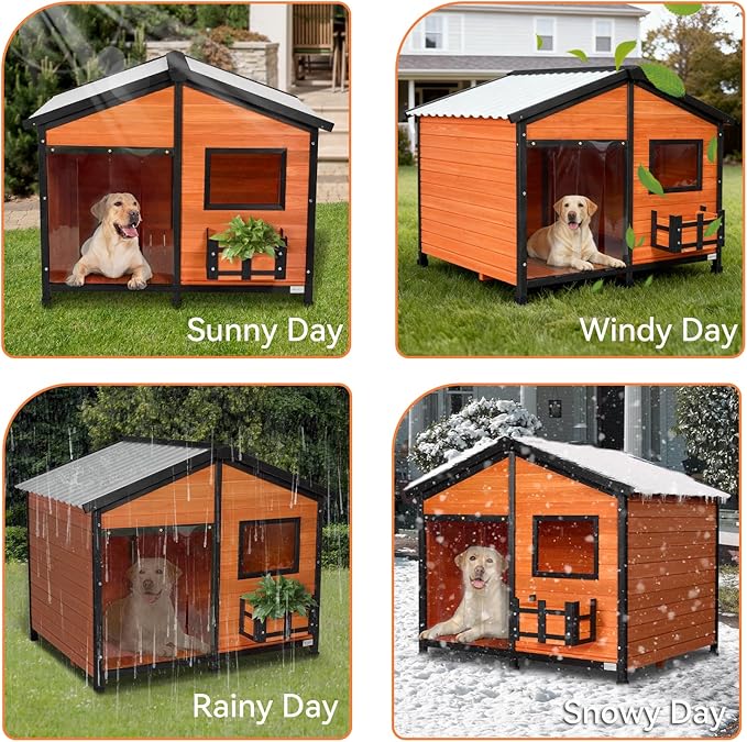 Petsfit Large Dog House Outdoor, Wooden Shelter for Extra Large Breeds Up to 200lbs, Weatherproof Roof, Removable Bottom Panel & Elevated Floor, 47-Inch, Natural Brown