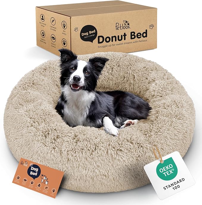 Donut Dog Bed - Premium Comfort for Anxiety Relief - Fluffy & Calming Design with Ultra-Plush Support | Cozy Round Dog Bed with Super Soft Circle Style (Size L Beige)