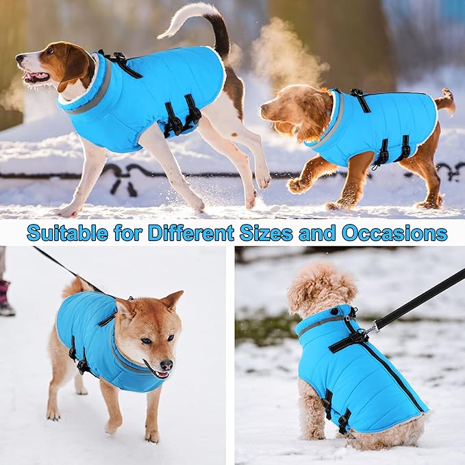 Dogcheer Dog Coat with Harness, Waterproof Dog Jacket Adjustable Pet Winter Coat with Zipper, Christmas Puppy Snow Jacket Fleece Sweater for Small Medium Large Dogs - Sky Blue 2XL