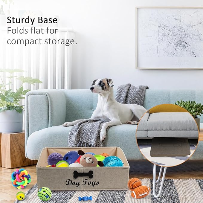 Large Dog Toy Basket Collapsible Dog Toy Box Fabric Trapezoid Dog Toy Bin Storage for organizing pet Toys/Blankets/leashes/Rope Toys/Clothing-Can be Personalized-KhakiStripe
