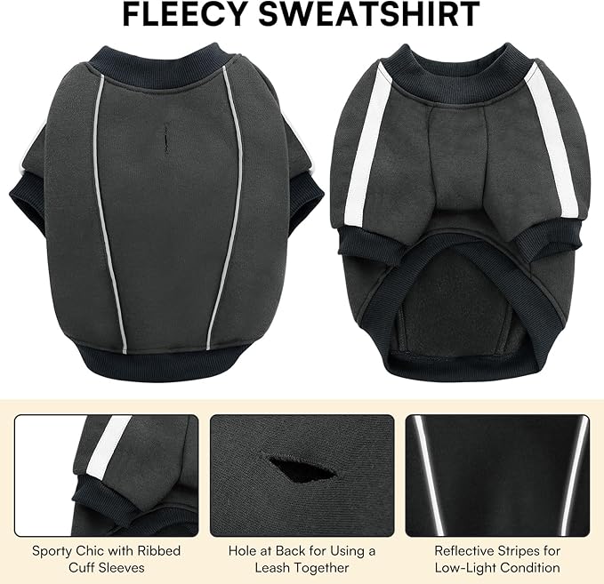 Queenmore Fleece Dog Sweater for Male Dogs, Soft Pullover Dog Sweatshirt with Leash Hole/Reflective Stripes – Cozy Winter Fleece Jacket for Small Medium Large Boy Puppy, Grey S