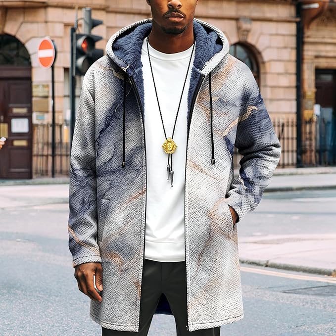 Mens Long Cardigan Hoodies Full Zip Fleece Lined Jackets Fashion Knitted Color Block Hooded Coat with Pockets