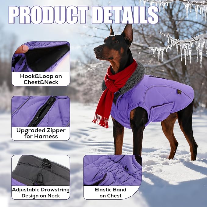 EMUST Winter Coat for Large Dogs, Windproof Dog Jacket for Cold Weather, Extra Warm Pet Winter Clothes for Small Medium Large Dogs, Purple, XXL