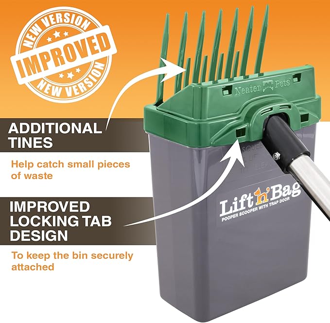 Neater Pet Brands Lift N’ Bag 2.0 Dog Pooper Scooper with Bag Attachment & 27" Pole for Small to Large Dogs, New & Improved Design, 195 Refill Bags, Heavy Duty Dog Poop Scooper for Yard, One-Hand Use