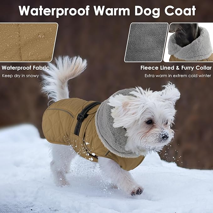 Dog Coat, Waterproof Dog Winter Jacket with Adjustable Buckle, Reflective Turtleneck Pet Snow Vest Warm Fleece Sweater for Small Medium Large Dogs - Khaki, 3XL