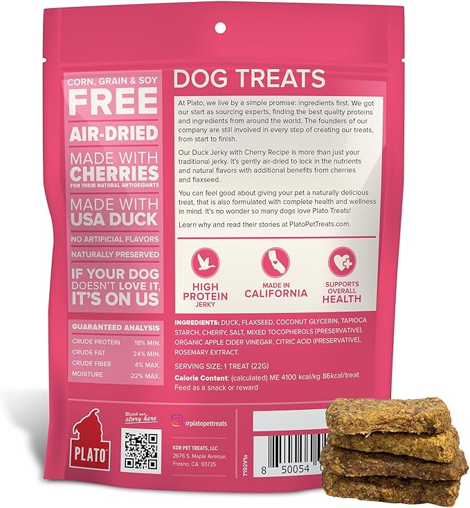 PLATO Pet Treats - Air-Dried Jerky - Delicious, Real Meat Dog Treats - Grain Free - Supports Healthy Digestion - Duck with Cherry 16oz