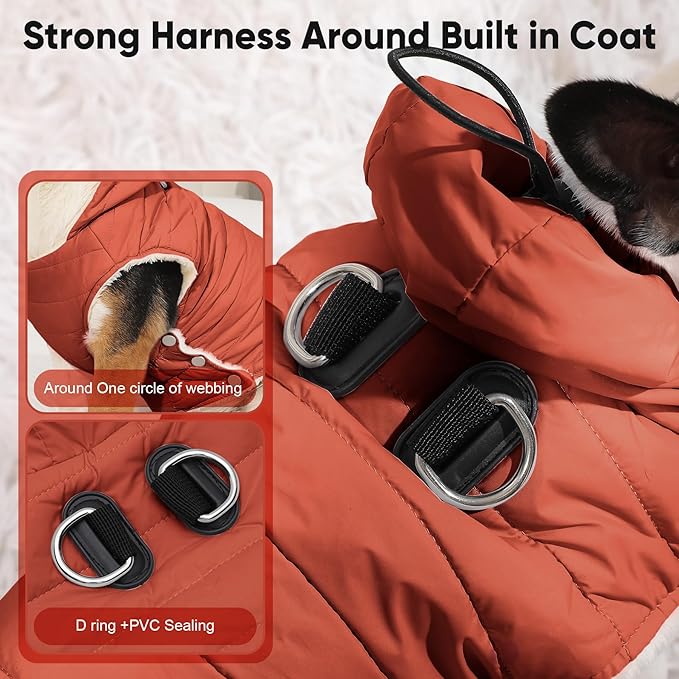 Fleece Lining Dog Hoodie with Harness Built in,Extra Warm Small Dog Jacket in Winter Puppy Coats with Drawstring Hooded,Orange XS