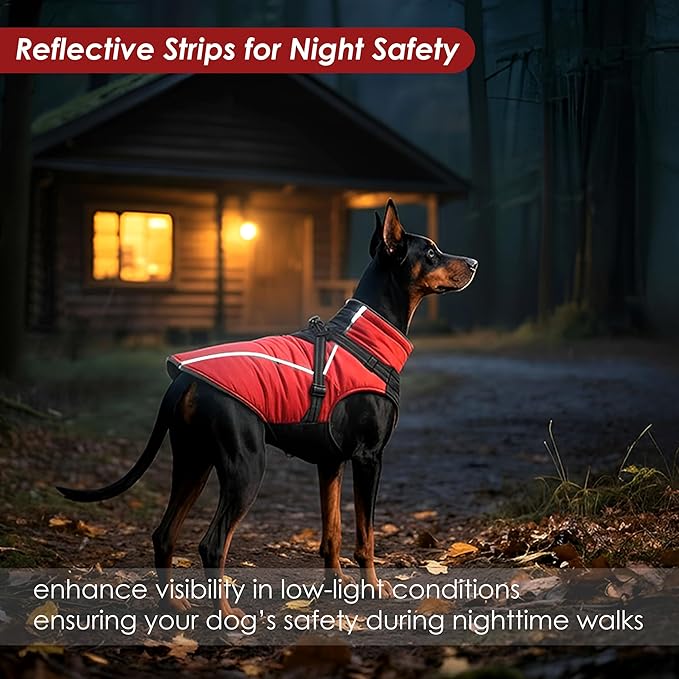 ASENKU Reflective Dog Coat with Built-in Harness, Windproof Fleece-Lined Dog Jacket for Small, Medium, Large Dogs, Warm Winter Vest with Turtleneck & Zipper (Red 2XL)