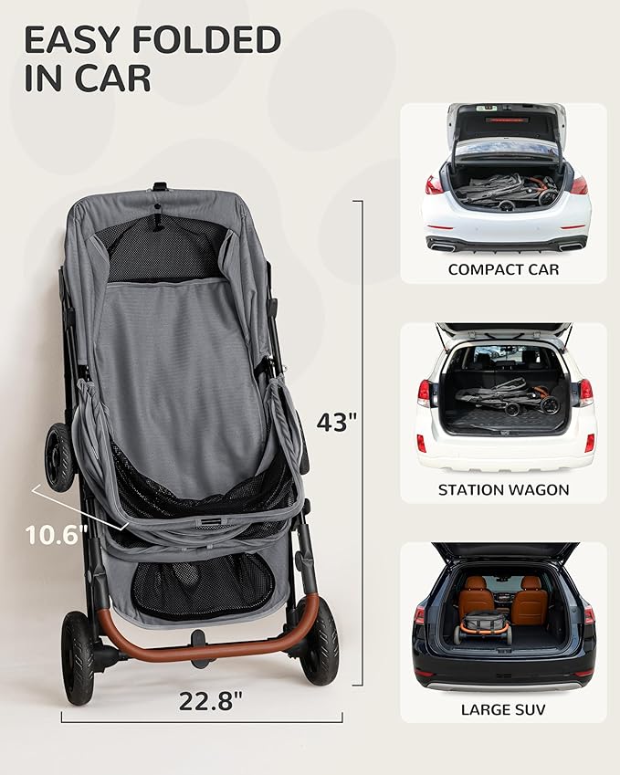 Dog Stroller for Large & Medium Dogs (20–132 lbs), Pet Stroller for 2 Small Dogs, Extra Large Heavy Duty, Foldable & Ventilated, Grey