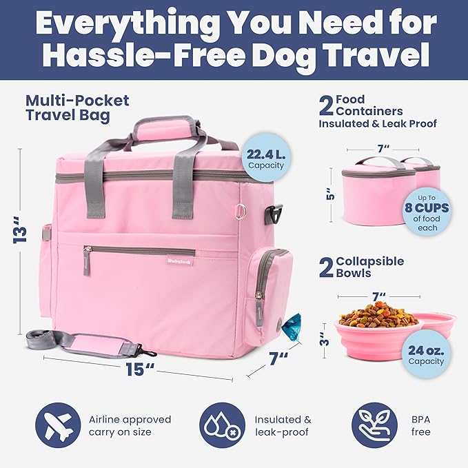 The Original Doggy Bag™ - Complete Dog Travel Bag for Supplies with 2 BPA-Free Travel Bowls & 2 Pet Food Containers - A Dog Mom Gift for Day Trips, Camping, Road Trips & Weekends Away - Lt. Pink