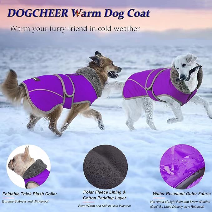 Dogcheer Dog Coat, Waterproof Dog Jacket Reflective Pet Winter Coat with Adjustable Hook & Loop, Christmas Puppy Fleece Jacket Warm Turtleneck Snowsuit for Small Medium Large Dogs - Purple, 3XL