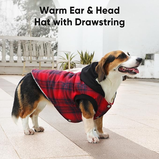 Fleece Lining Dog Hoodie for Large Dogs Extra Warm Plaid Sweater with Drawstring Hooded Coats in Winter Doggie Jacket,Red XXL