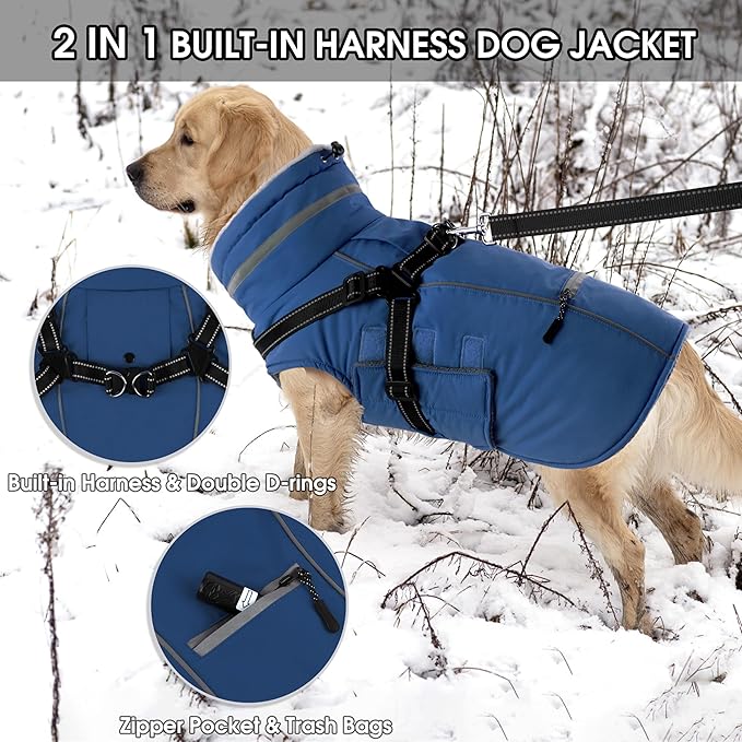 PETDSH Dog Coat Large, Built-in Harness Dog Jacket with Warm Fleece Lining, Waterproof Reflective Dogs Winter Coat, Pet Coats with Pocket and Trash Bags (Navy Blue, X-Large)