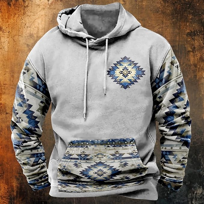 HOTYD Mens Western Aztec Sweatshirts Long Sleeve Fall Fashion Drawstring Pullover Vintage Graphic Cowboy Hoodie for Men