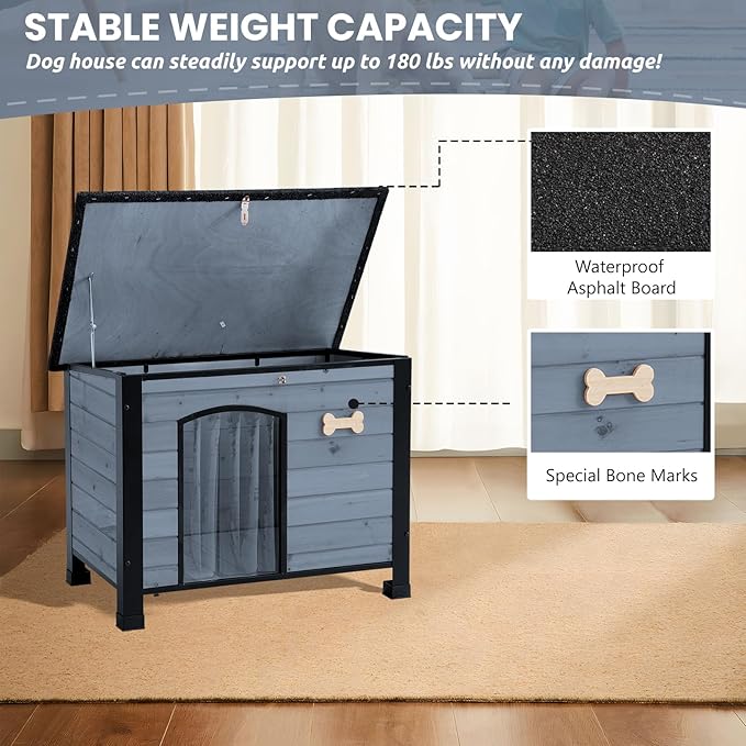Outdoor Dog House, Small Wooden Dog House with Anti Bite Iron Frame Weatherproof Finish Outside Paw Print Dog Crate for Large and Medium Dogs, Grey