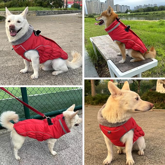 Malier Dog Coat, Reflective Dog Jacket Waterproof Windproof Puppy Cold Weather Coats with Harness Built in, Winter Extra Warm Pet Coat Fleece Vest for Small Large Pets and Puppy (Red, Large)