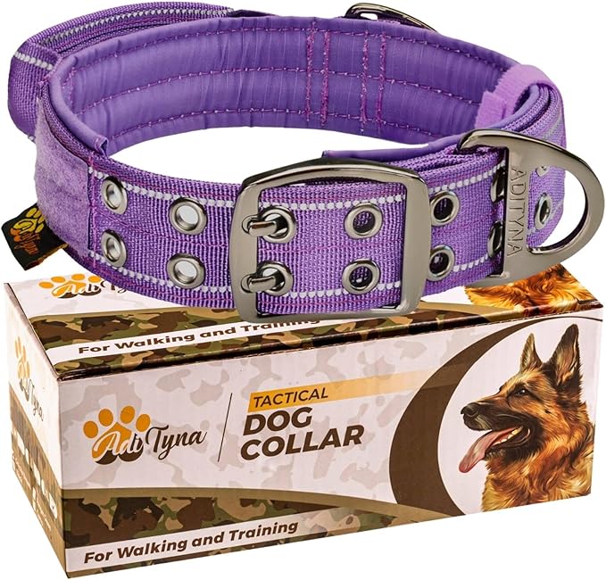 ADITYNA Heavy Duty Dog Collar for Medium Dogs - Reflective Purple Collar with Handle for Training, and Walking - Wide, Thick, Tactical, Soft Neoprene Padded