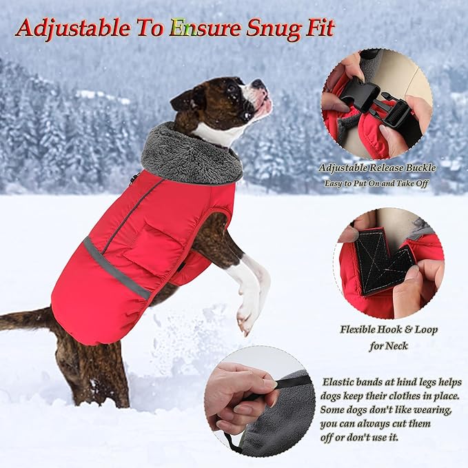 Dogcheer Warm Dog Coat, Christmas Dog Jacket Waterproof Puppy Winter Coat with Buckles, Reflective Adjustable Pet Snow Jacket Turtleneck Fleece Sweater for Small Medium Large Dogs - Red, M