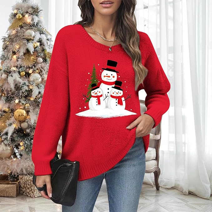 Women's Red Christmas Sweater - Festive Cartoon Patterns, Cozy Knit for Holiday Parties & Gatherings