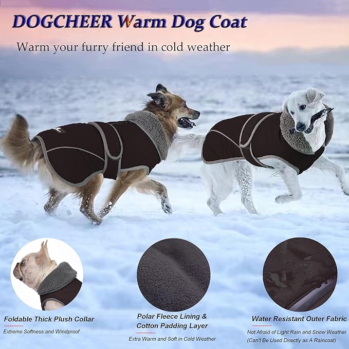 Dogcheer Dog Coat, Waterproof Dog Jacket Reflective Pet Winter Coat with Adjustable Hook & Loop, Christmas Puppy Fleece Jacket Warm Turtleneck Snowsuit for Small Medium Large Dogs - Black, M