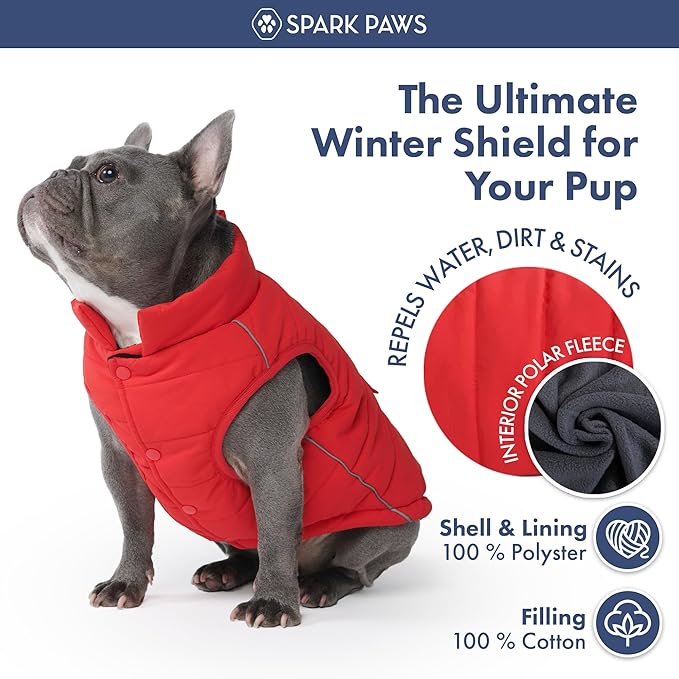 Spark Paws Dog Winter Jacket, Water-Resistant Coat, Warm Reflective Windproof Fleece-Interior, for Medium and Large Dogs - Red - XL