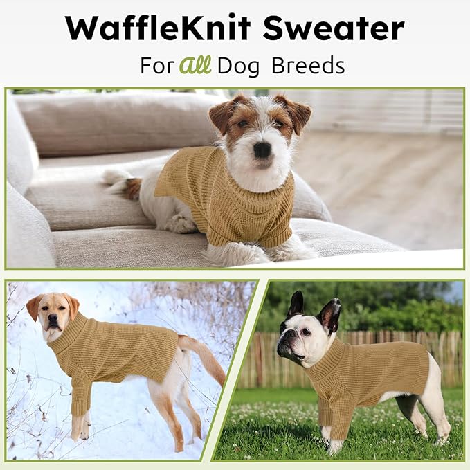 Queenmore Dog Sweater for Medium Dogs, Turtleneck Pet Sweater with Check Pattern, Fall Winter Warm Dog Sweaters, Solid Pull-on Pet Sweater for Cats,Brown M