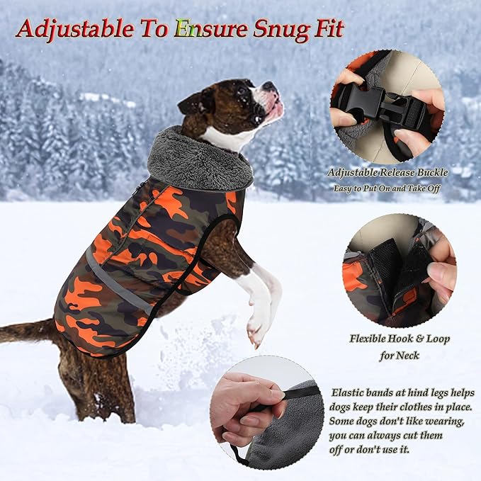 Dogcheer Warm Dog Coat, Waterproof Dog Jacket Christmas Puppy Winter Coat with Buckle, Reflective Adjustable Pet Snow Jacket Turtleneck Fleece Sweater for Small Medium Large Dogs - Orange Camo, 2XL