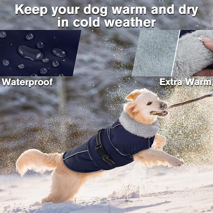 Lelepet Warm Dog Coat Waterproof Dog Jacket for Large Dogs Reflective Fleece Vest with Adjustable Buckle Hook & Loop Windproof Cold Weather Coats for Small Medium Large Dogs, Navy Blue, XXL
