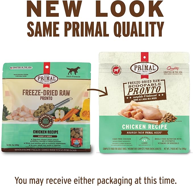 Primal Freeze Dried Dog Food, Pronto Mini Nuggets, Chicken; Scoop & Serve, Complete & Balanced Meal; Also Use As Topper or Treat; Premium, Healthy, Grain Free, High Protein Raw Dog Food(16 oz, 2-Pack)