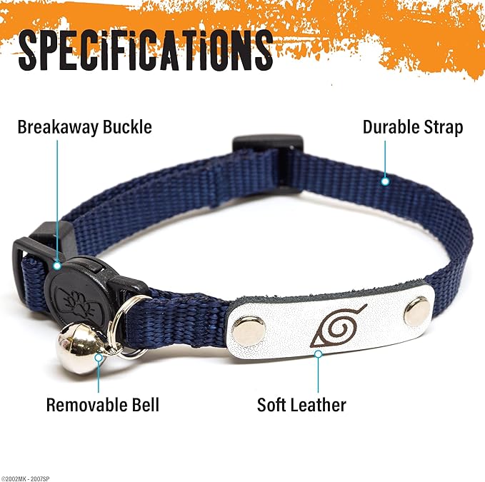 Naruto Breakaway Cat Collars for Girl & Boy Cats | Officially Licensed Naruto Shippuden Hidden Leaf Village Pet Accessories & Gifts, (8.5” to12”) Adjustable Cute Kitten Collar with Bell (Navy, Ninja)