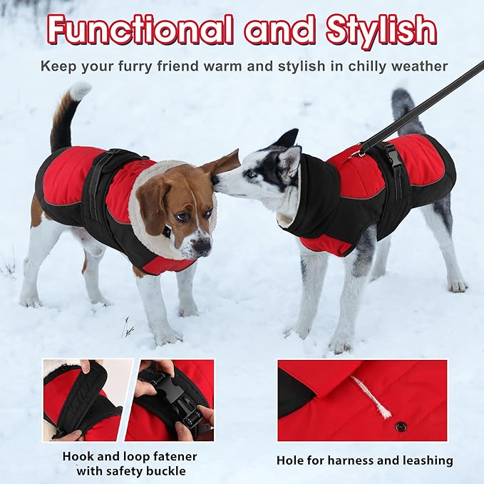 Dogcheer Dog Coat, Christmas Dog Jacket, Waterproof Turtleneck Puppy Winter Coat, Adjustable Pet Puffer Jacket, Reflective Warm Fleece Coats for Small Medium Large Dogs - Red, 2XL