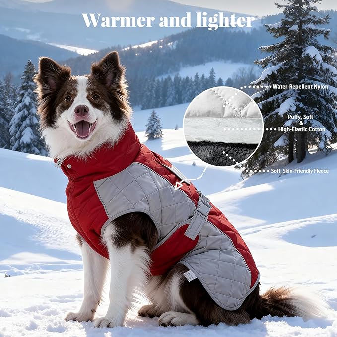 Dog Coat Dogs Winter Coat- Fleece Lined,Water-Resistant,Convertible Collar,Back Reflective Strip&Easy to Wear for Outdoor Walking Dog-Jacket(Red, Medium)
