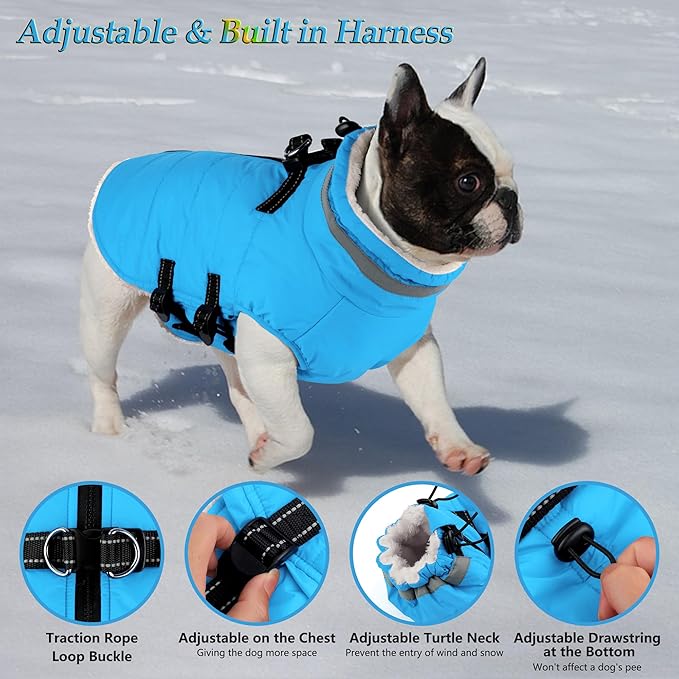 Dogcheer Dog Coat with Harness, Waterproof Dog Jacket Adjustable Pet Winter Coat with Zipper, Christmas Puppy Snow Jacket Fleece Sweater for Small Medium Large Dogs - Sky Blue 2XL