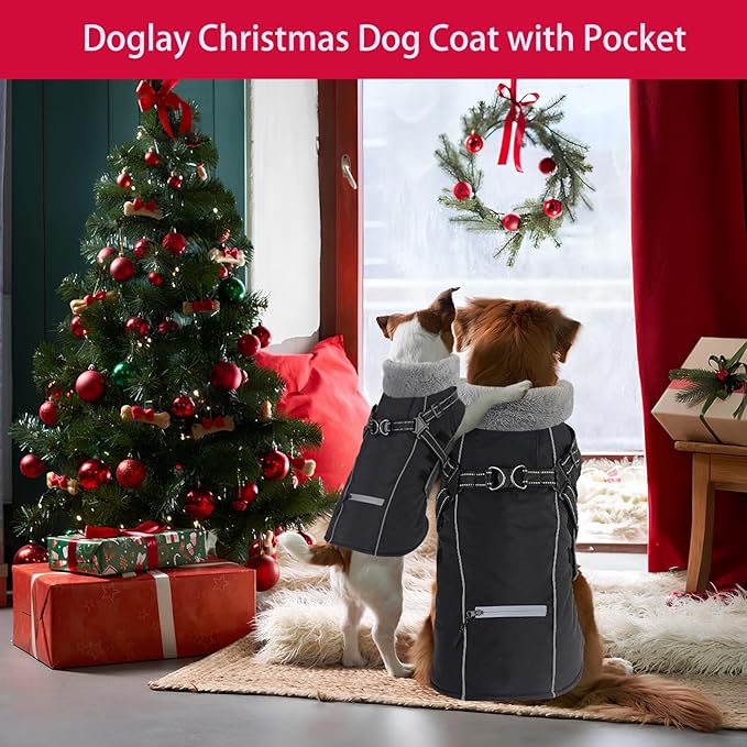 Doglay 2 in 1 Dog Coat with Harness Built-in, Waterproof Dog Winter Jacket with Pocket & Poop Bags, Reflective Adjustable Pet Winter Coat for Small, Medium, Large Dogs