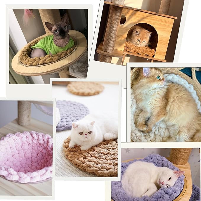 Cat Knitted Bed Mat, Extra-Soft Washable Warm Round Pads Cushions for Indoor Kittens, Cat Trees Towers, Perfect for Kneading and Sleeping (Yellow,Medium)