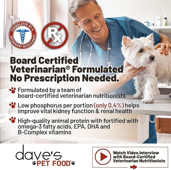 Dave’s Pet Food Kidney Care Dog Food (Chicken Formula Crumble), Non-Prescription, Low Phosphorus, Low Protein , Renal Kidney Support, Vet Formulated, 4 lb