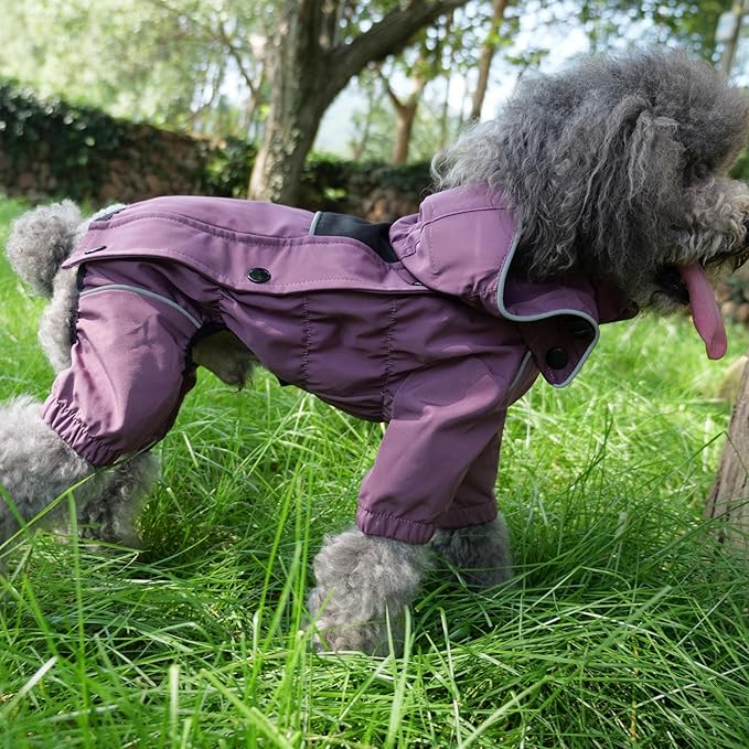 LOVELONGLONG Waterproof Dog Raincoat with Removable Hood – Outdoor Full Body Dog Jacket, Windproof Snowproof Shell Suit – All Season Pet Rain Gear Plum Purple XXL