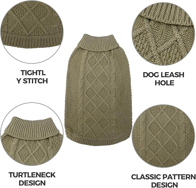 Mihachi Turtleneck Dog Sweater - Winter Coat Apparel Classic Cable Knit Clothes with Leash Hole for Cold Weather, Ideal Gift for Pet in New Year Army Green New ML