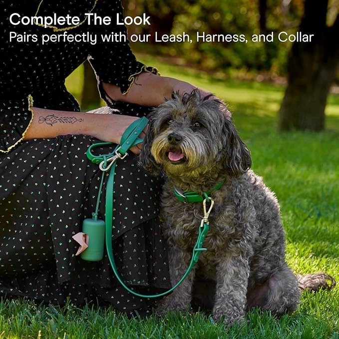 Wild One Dog Poop Bag Holder and Dispenser with Leash Attachment, Leak Proof, Easy Twist Top for Refills, Includes 1 Roll Bags, Spruce