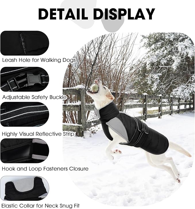 Nanaki Large Dog Coat For Winter Waterproof, Warm Fleece Lining Reflective Large Dog Jacket With Leash Hole, Furry Collar Cold Weather Puppy Vest Outdoor Walking Hunting Easy On Pet Snowsuit Black 2XL