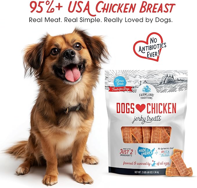 Farmland Traditions Dogs Love Chicken Jerky Dog Treats, Premium Two-Ingredient Dog Jerky with USA-Raised, Human-Grade Chicken & No Antibiotics Ever, 1-Pound Bag