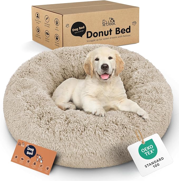Donut Dog Bed - Premium Comfort for Anxiety Relief - Fluffy & Calming Design with Ultra-Plush Support | Cozy Round Dog Bed with Super Soft Circle Style (Size S Beige)