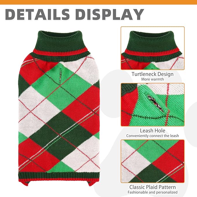KOOLTAIL Dog Christmas Sweater Pet Knitted Clothes - Classic Plaid Pull Over Turtleneck Dog Sweaters with Leash Hole Warm Dogs Winter Clothing for Small Medium Dogs Cats Puppy Boy Girl Red & Green M